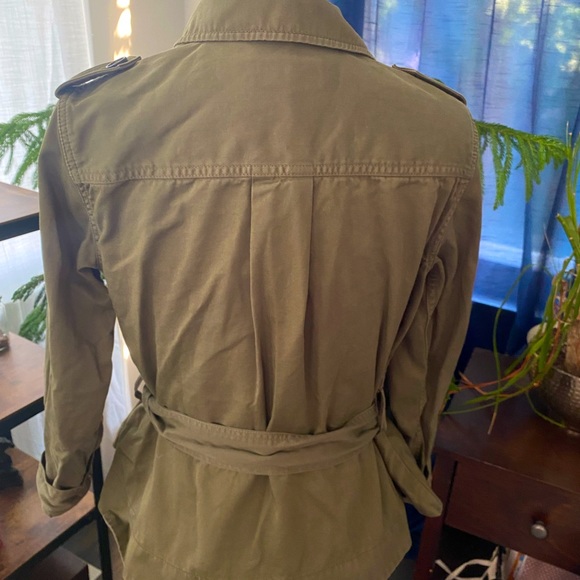 J. Crew army green denim cropped peplum jacket with tie waist, button-down - Picture 3 of 11